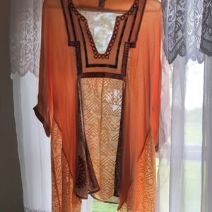 Gimmicks By BKE Orange Boho Lace Flowy Tunic Top